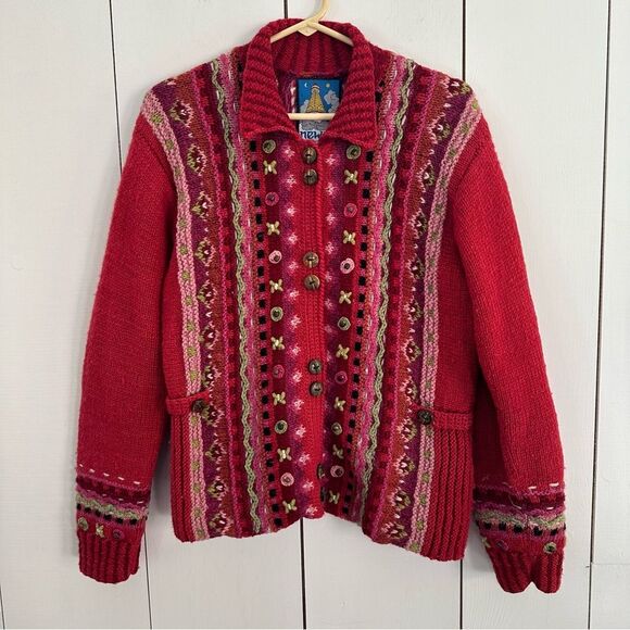 Newari Wool Cardi Sweater Sz S/M Multicolor Hippie Boho Nepal Iceland - Picture 1 of 8